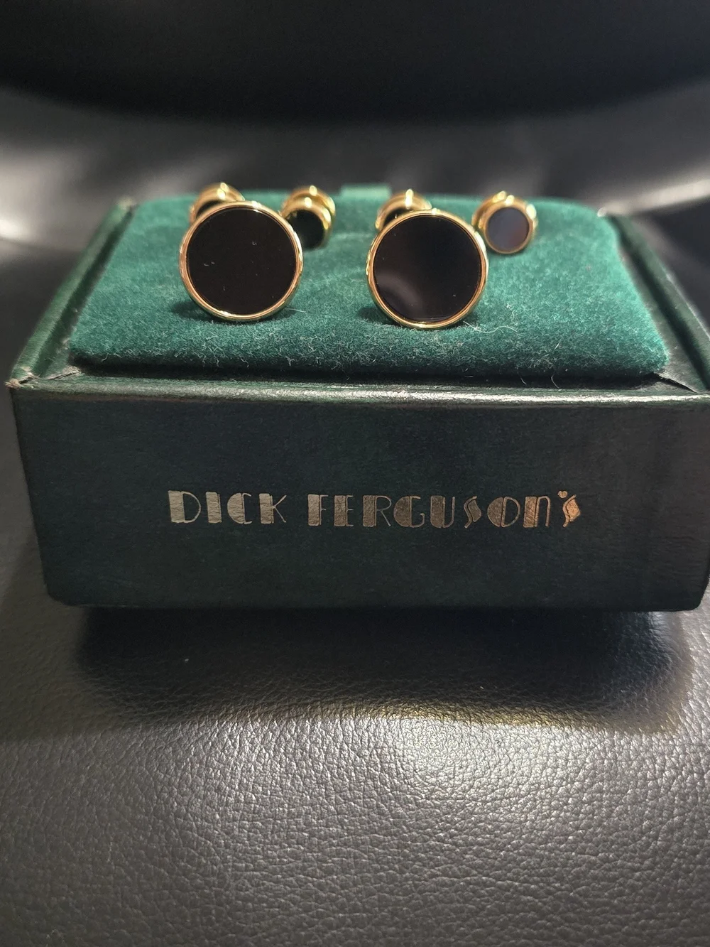 Dick Ferguson's tuxedo cufflink and shirt stud set round black onyx  gold tone